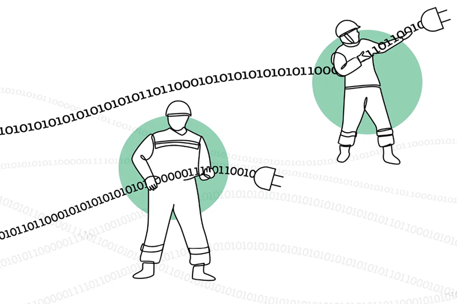 An illustration of men plugging in power cords