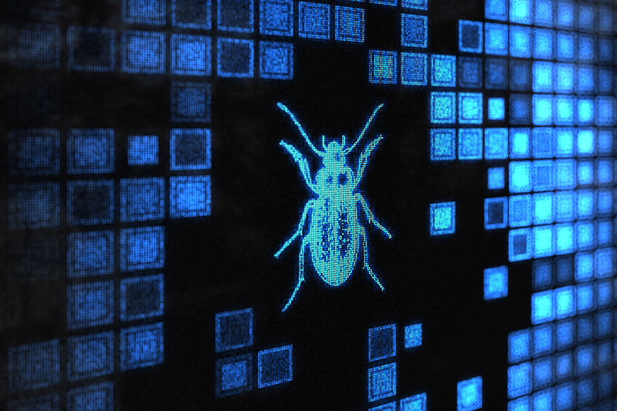 A blue digital bug on a computer chip