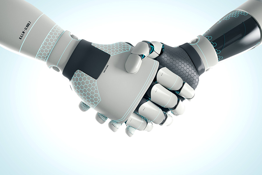 Two robots shaking hands